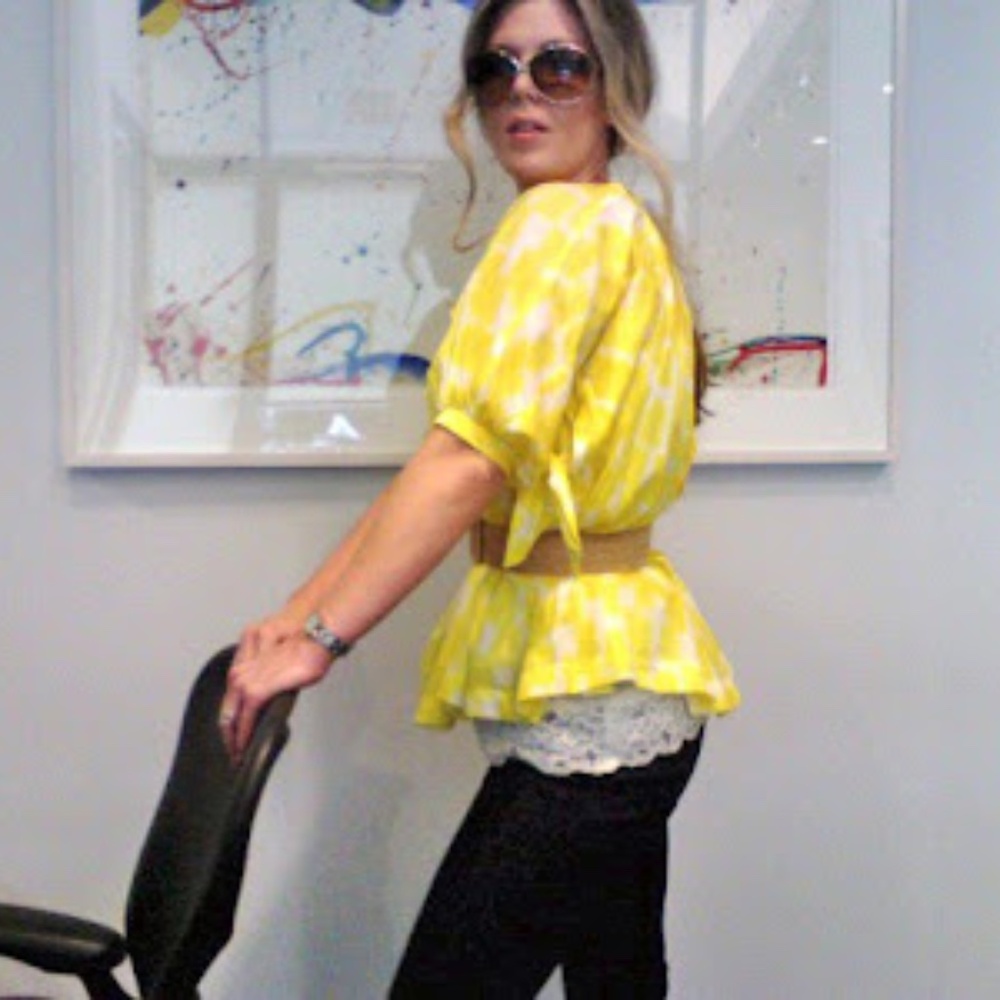 SEE BY CHLOE open bright yellow puff sleeve blouse white floral SUMMER print US6